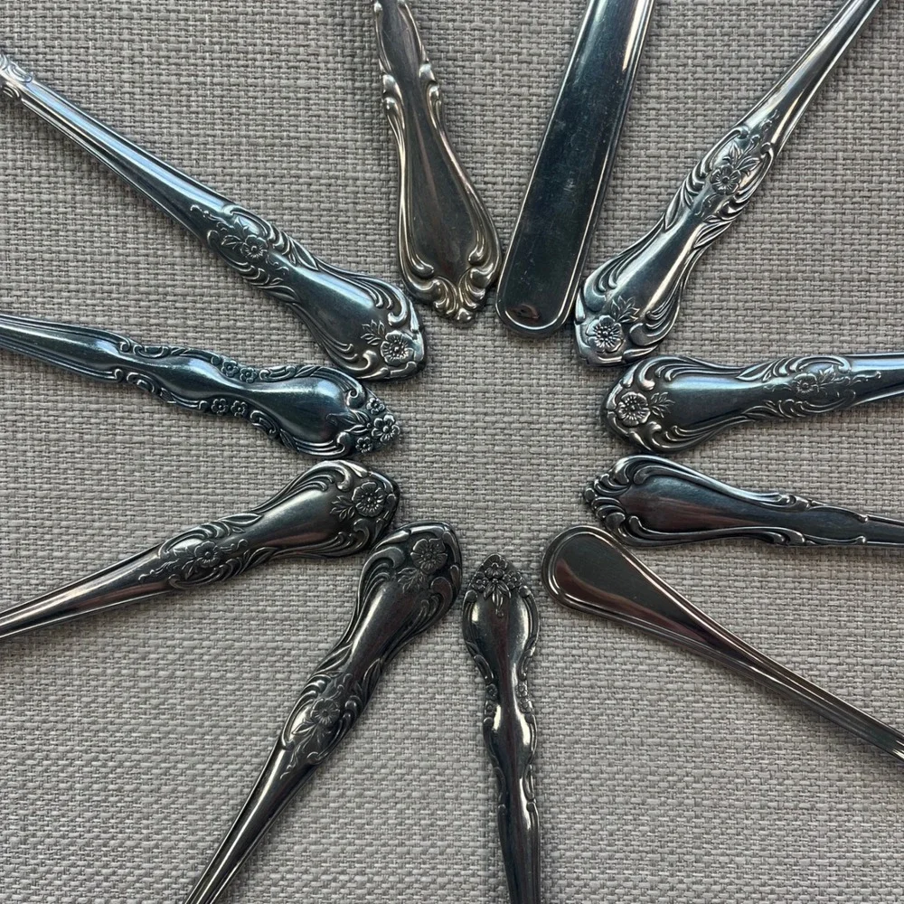Stainless Steel Floral Flatware Set 11pc Mismatched Vintage Style Silverware